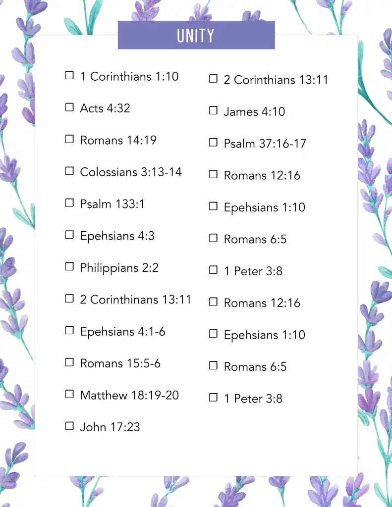 Picture of list of Bible Verses on Unity with purple floral border