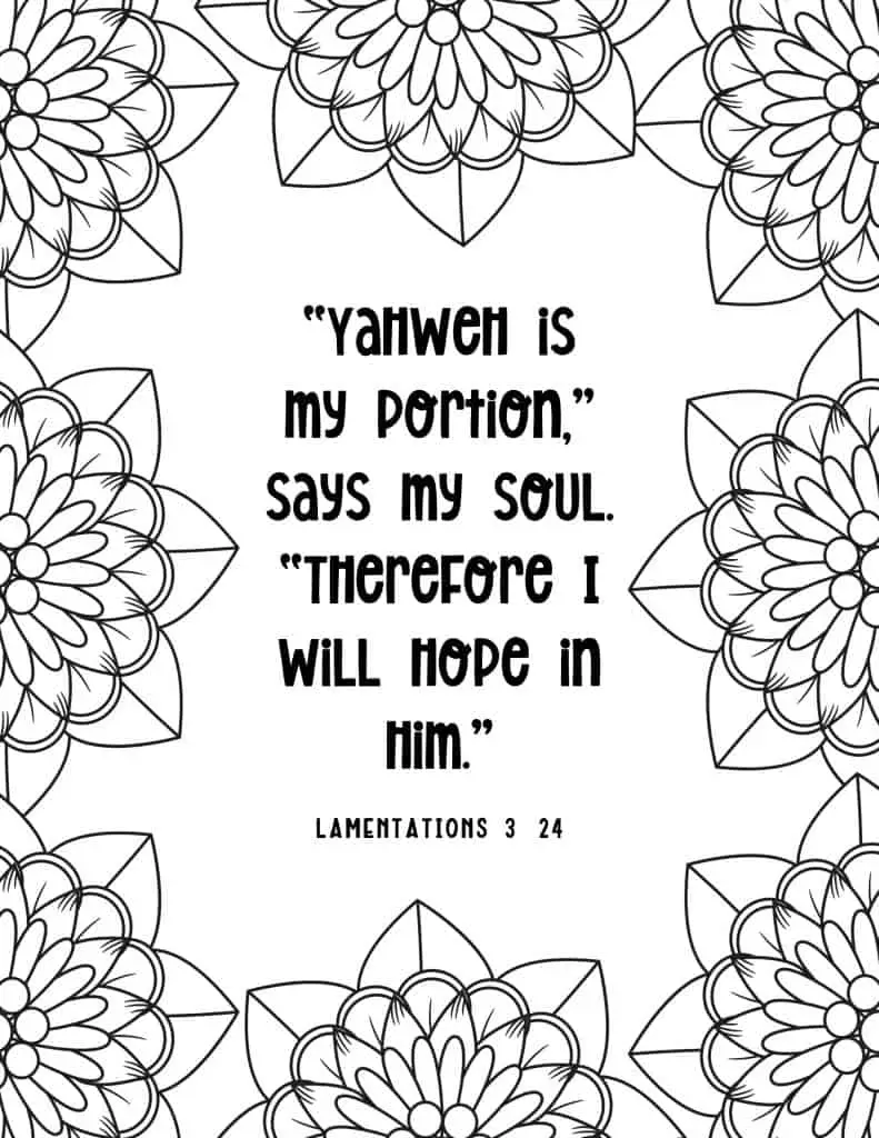 picture of coloring page with floral border and bible verse in middle on lamentations 3:24