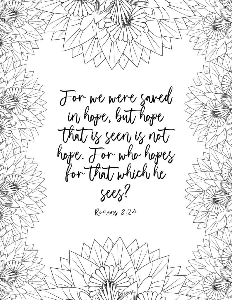 picture of coloring page with floral border and bible verse in middle on romans 8:24