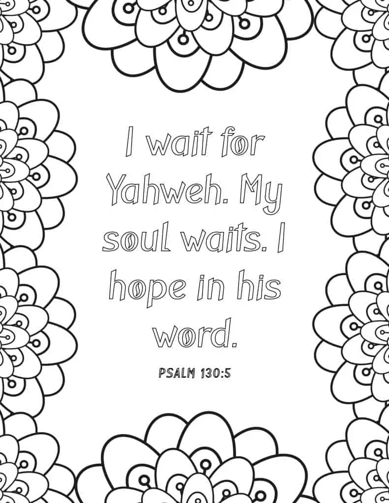 picture of coloring page with floral border and bible verse in middle on psalm 103:5