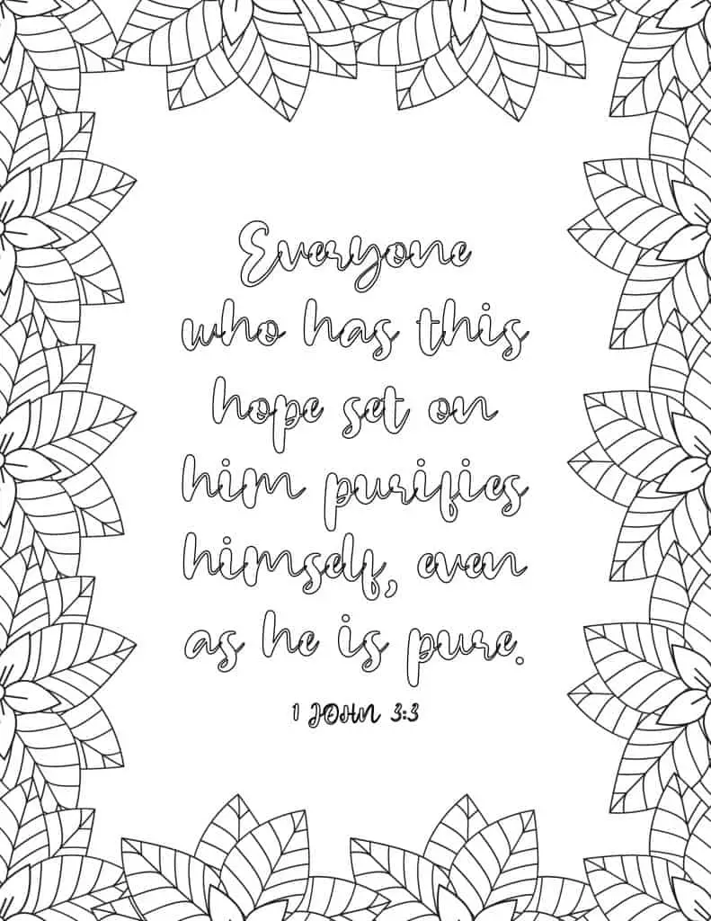 picture of coloring page with floral border and bible verse in middle on 1 john 3:3