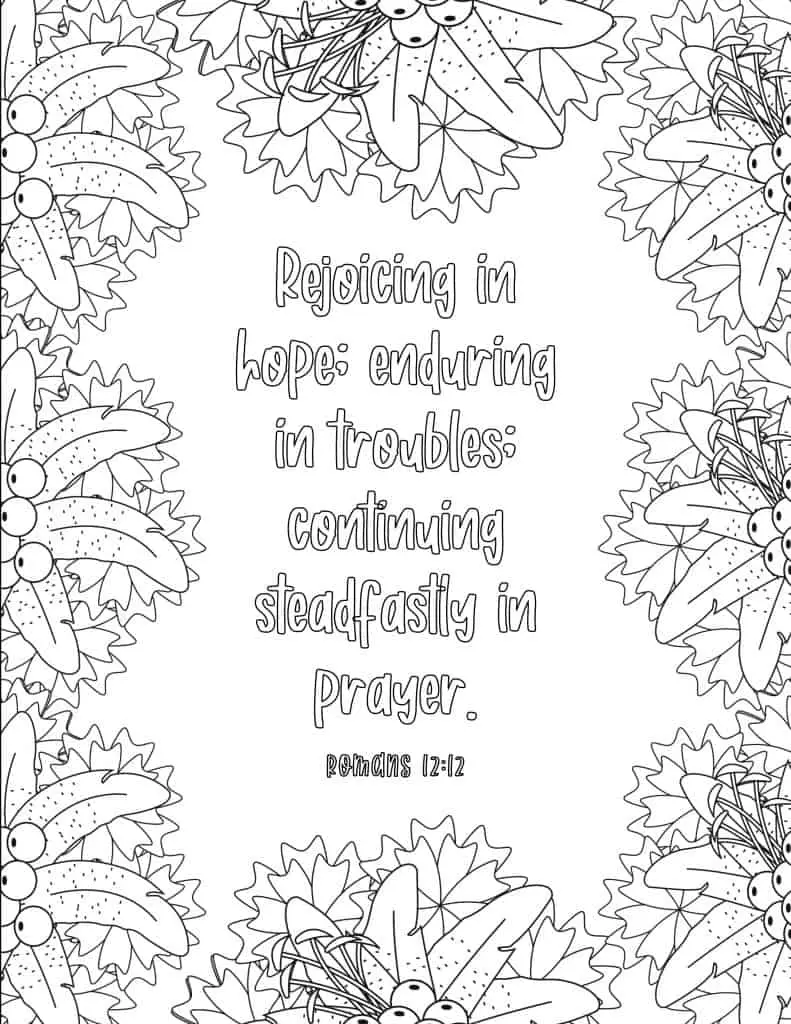 picture of coloring page with floral border and bible verse in middle on romans 12:12