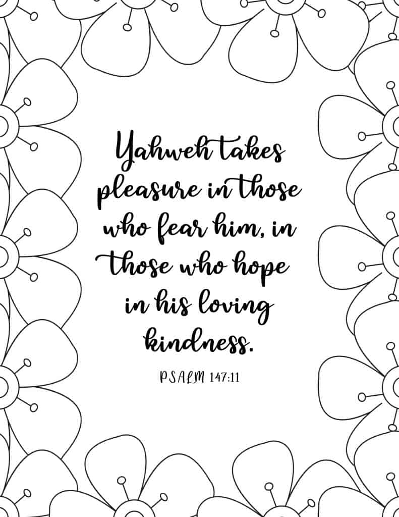 picture of coloring page with floral border and bible verse in middle on psalm 147:11