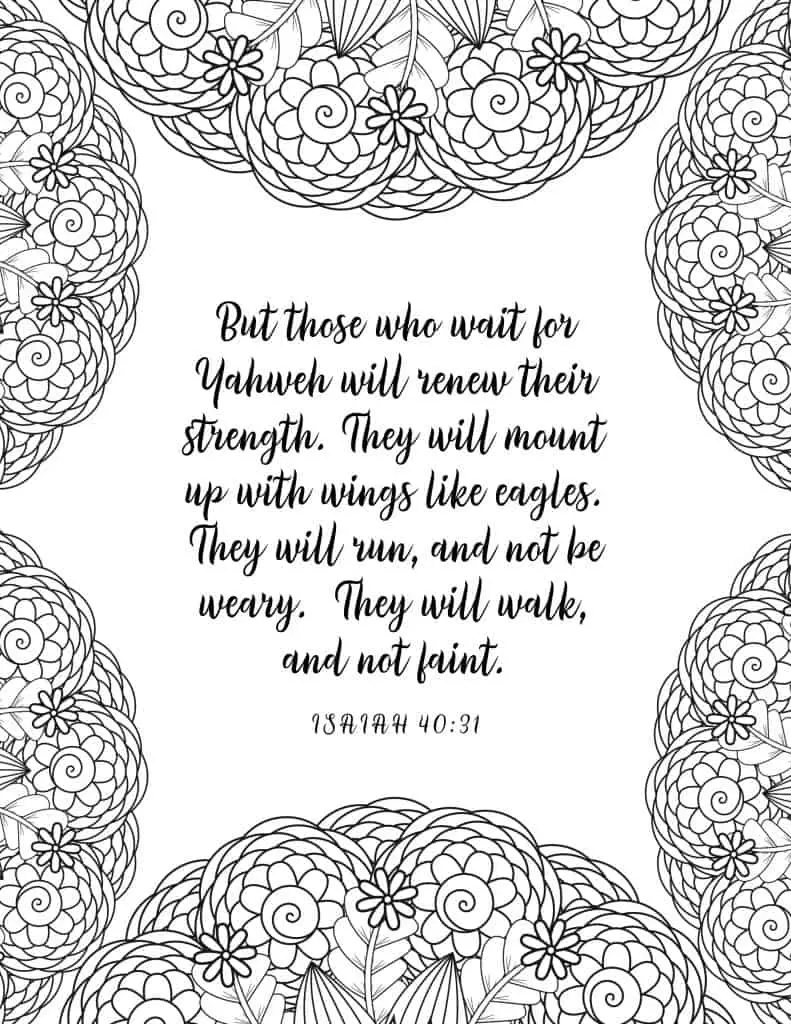 picture of coloring page with floral border and bible verse in middle on isaiah 40:31