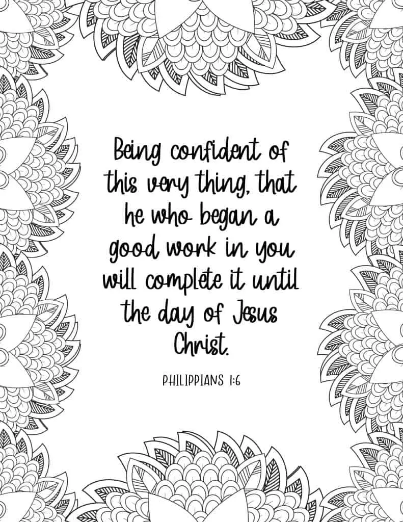 picture of coloring page with floral border and bible verse in middle on philippians 1:6