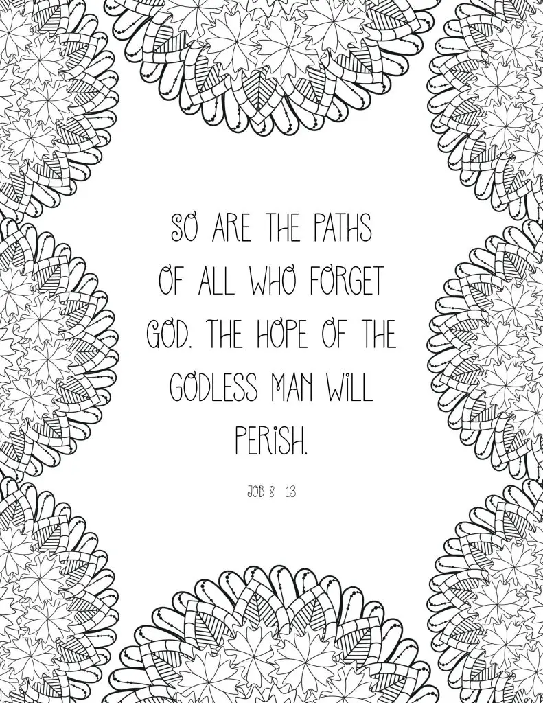 picture of coloring page with floral border and bible verse in middle on job 8:13