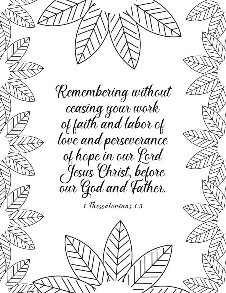 picture of coloring page with floral border and bible verse in middle on 1 thessalonians 1:3