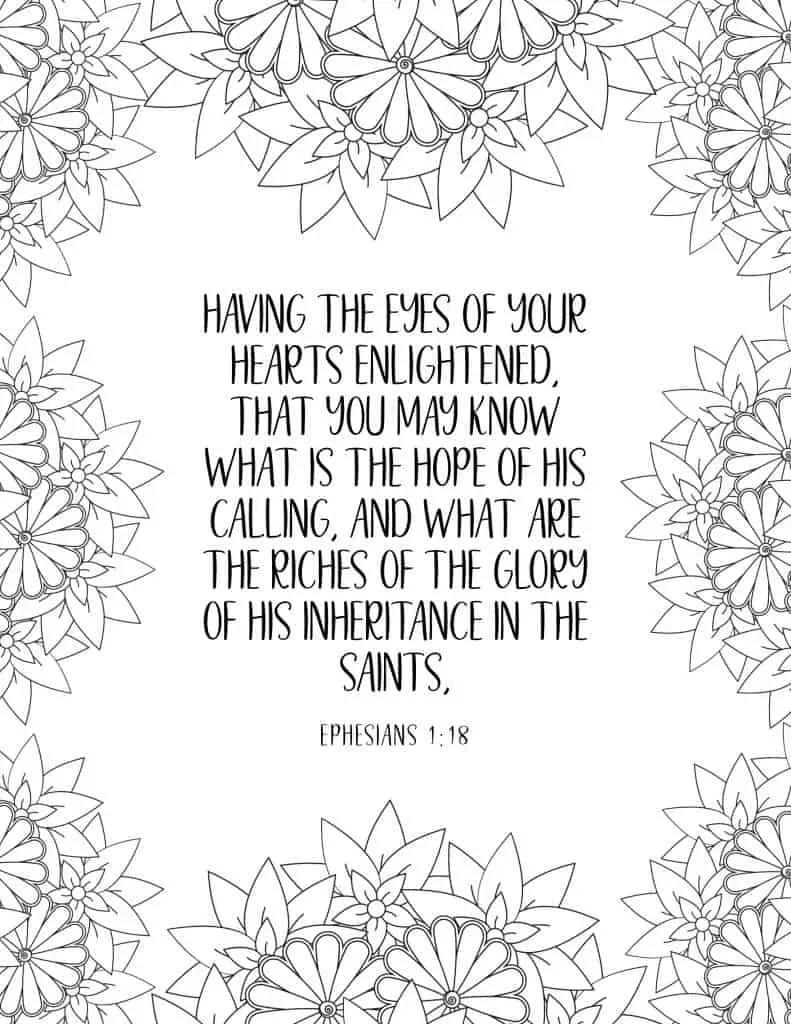 picture of coloring page with floral border and bible verse in middle on ephesians 1:18