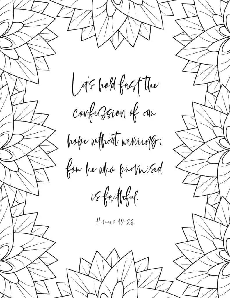 picture of coloring page with floral border and bible verse in middle on hebrews 10:23