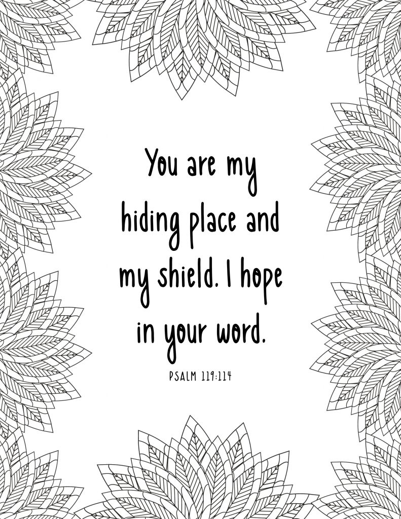 picture of coloring page with floral border and bible verse in middle on psalm 119:114