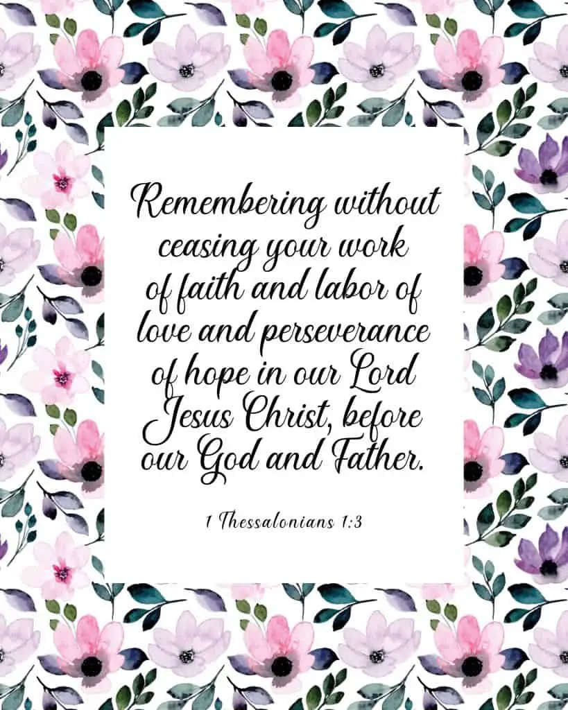 picture of wall art of floral frame with bible verse inside 1 thessalonains 1:3