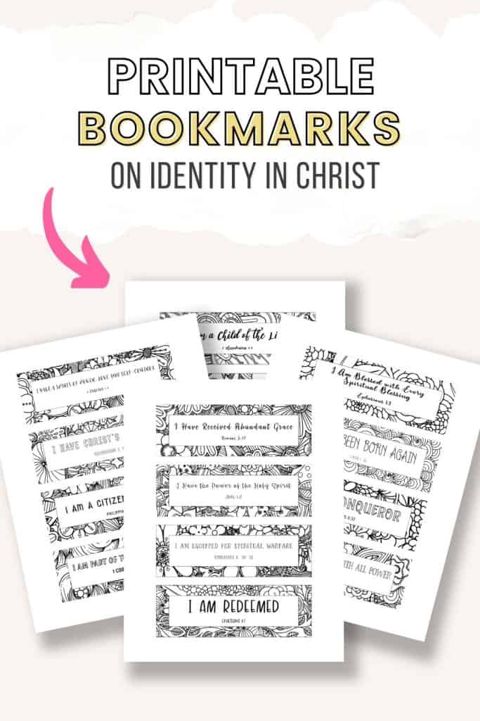 pin image of bookmarks on identity in christ with text above saying printable bookmarks on identity in christ
