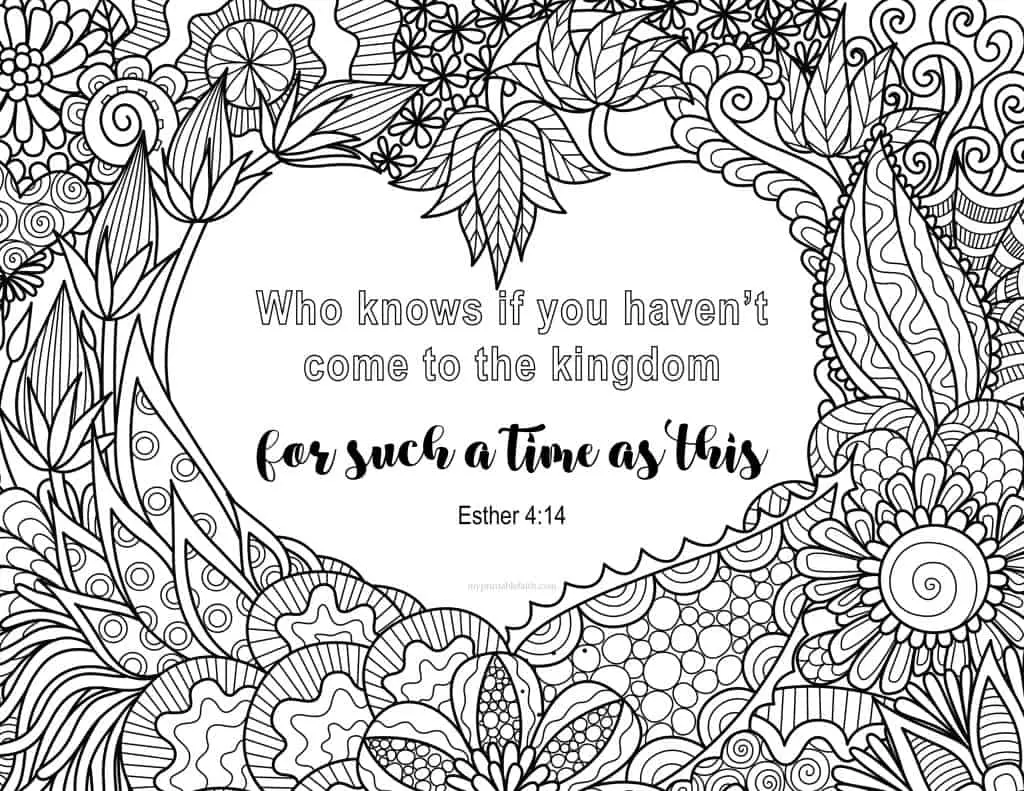 coloring page floral frame with words inside from esther 4:!4