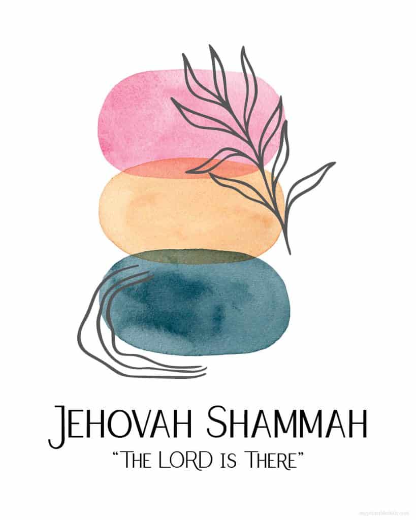 abstract pink green orange blobs with black abstract doodles with words Jehovah Shammah the lord is there underneath